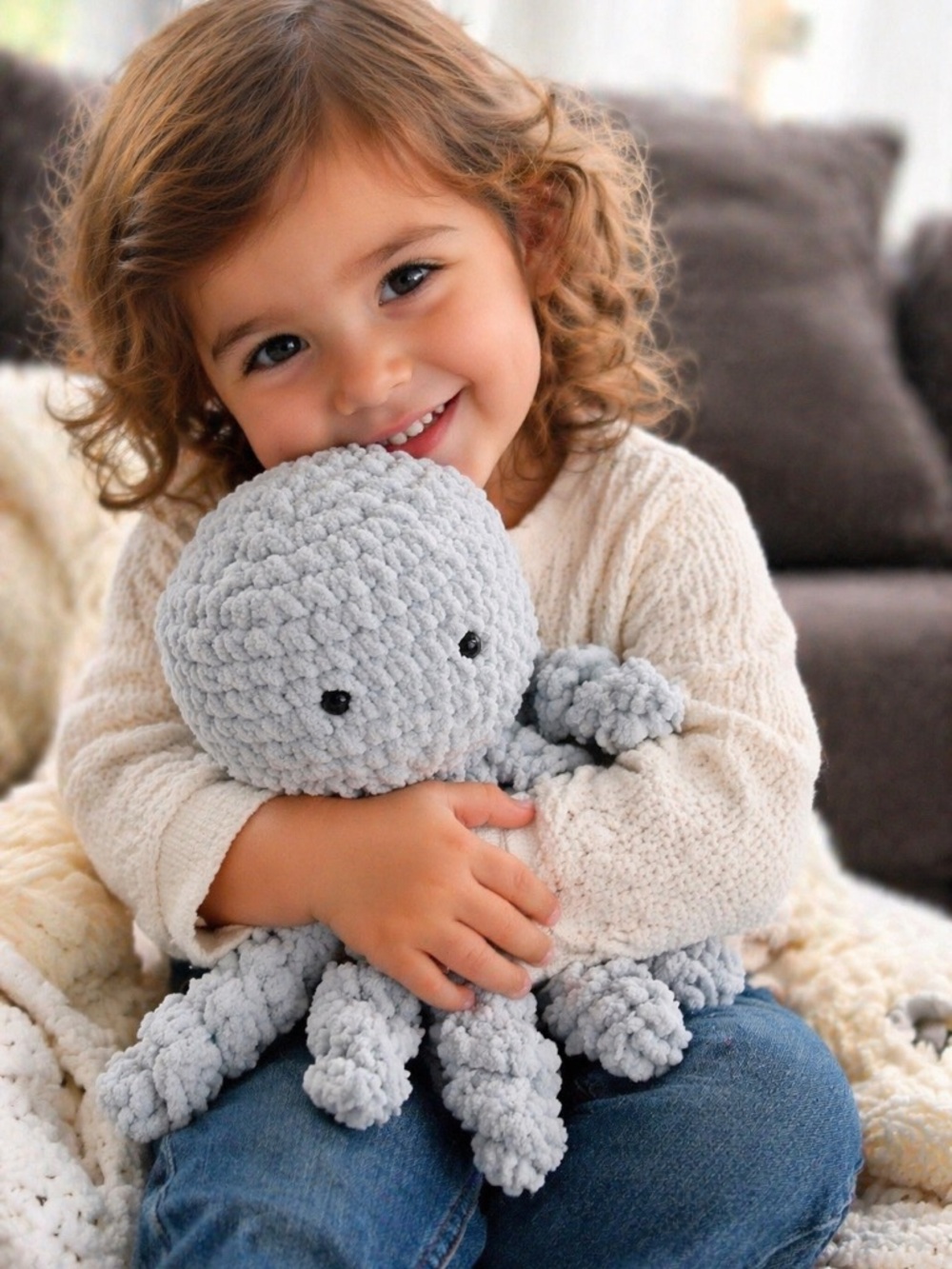 Handmade Chenille Soft Blue Crochet Plush Octopus
